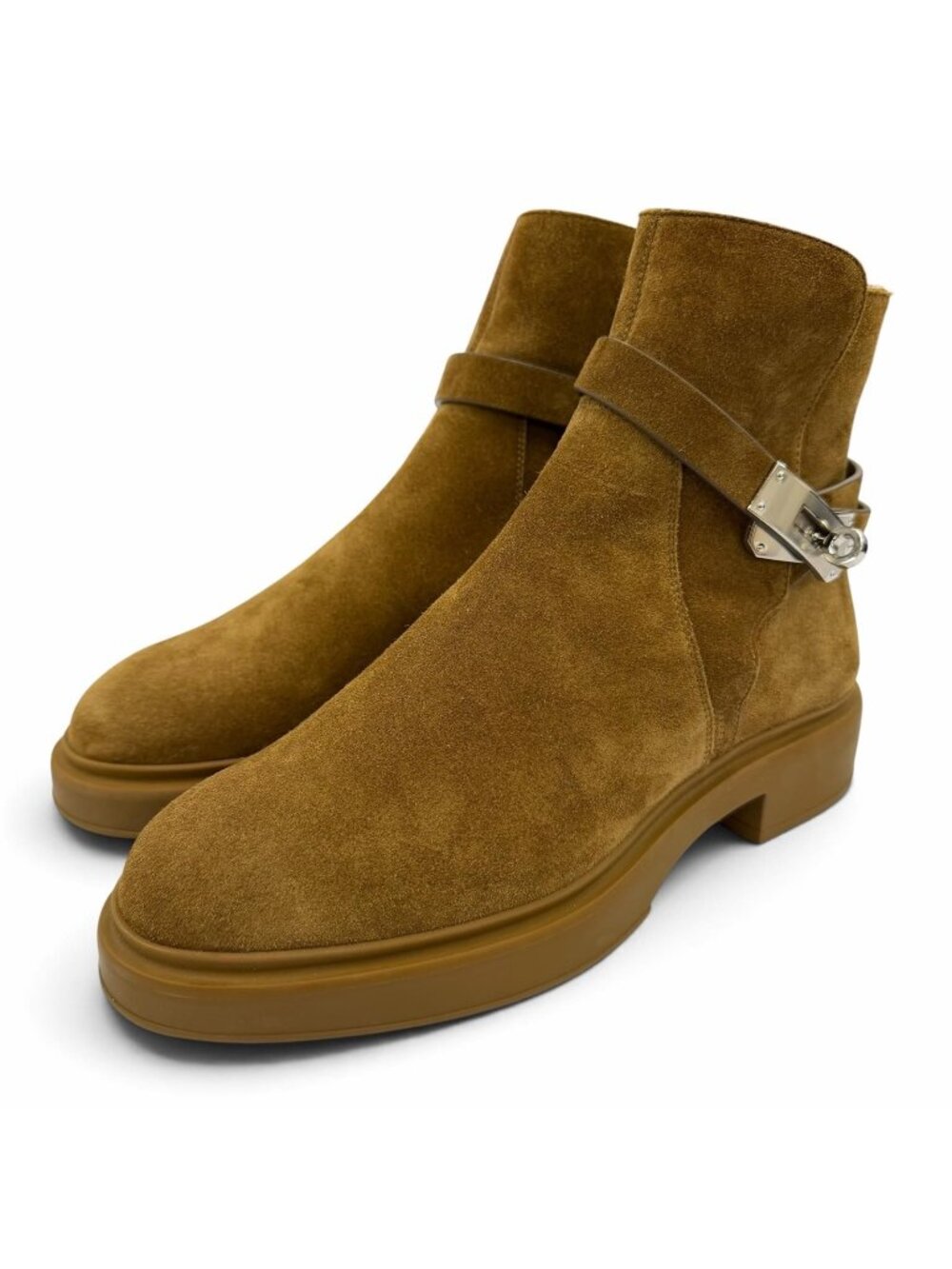 Hermes Veo Silver Kelly Buckle Shearling Short Boots Brown Box Protection